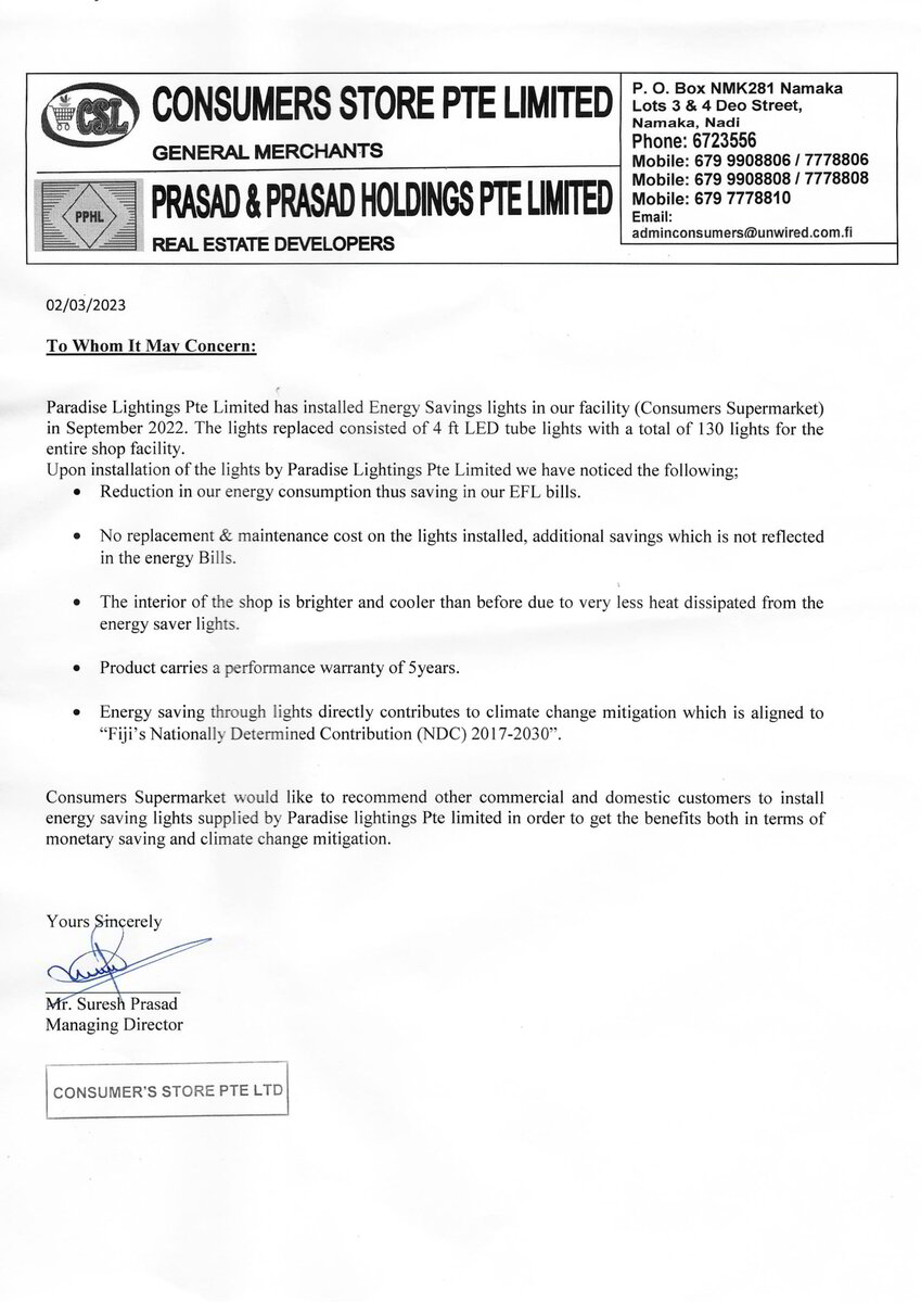 Reference letter from Consumers Store